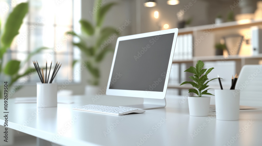 Bright and Modern Office Workspace Featuring a Clean Desk Setup With Plants and Computer in Natural Light Bright and Modern Office Workspace Featuring a Clean Desk Setup With Plants and Computer in Natural Light
