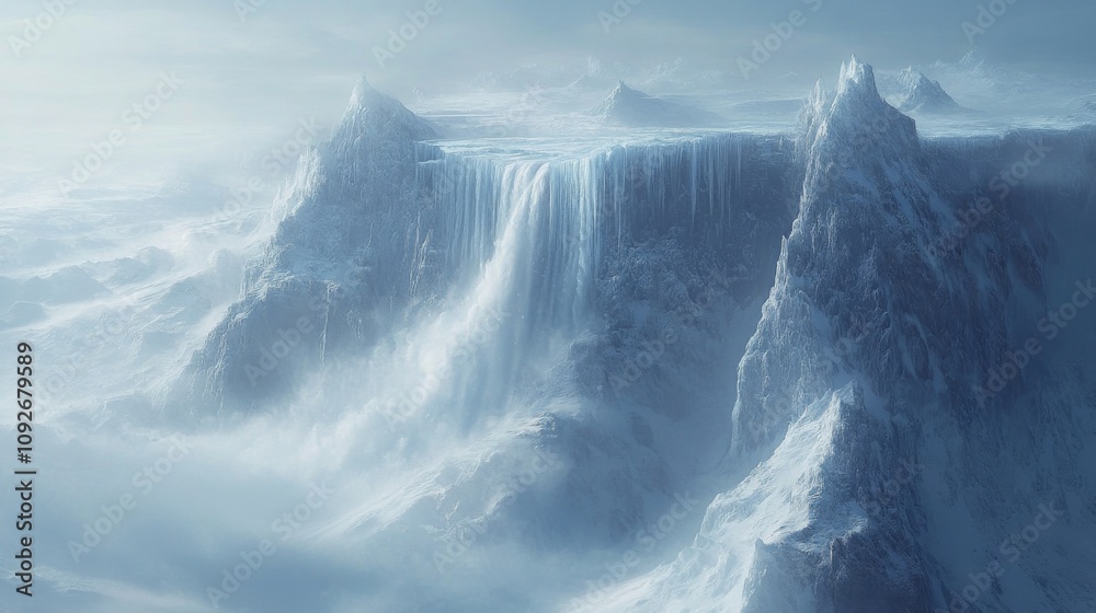 A Frosty Waterfall Cascades Over a Snowy Mountain Peak A Frosty Waterfall Cascades Over a Snowy Mountain Peak