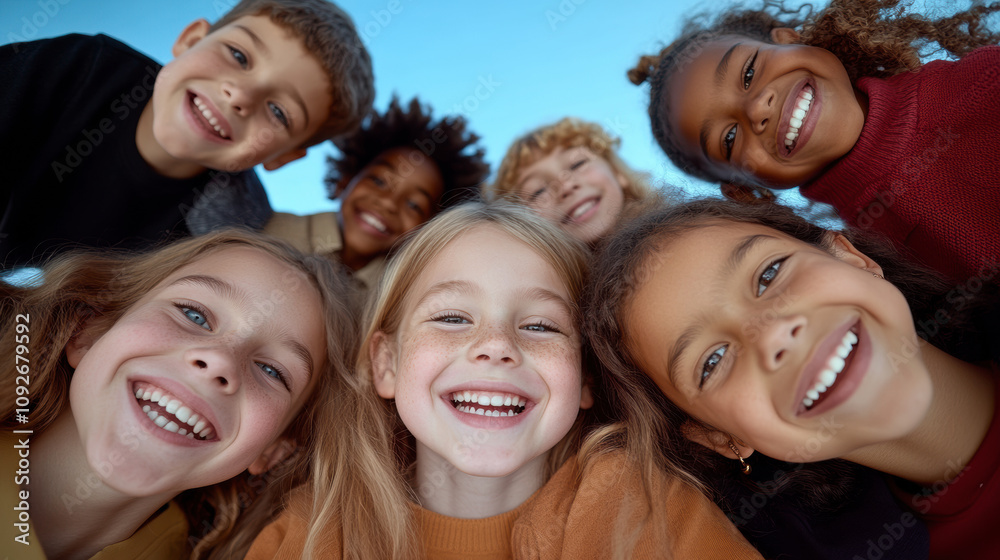 Obraz premium Group of Children Smiling Joyfully Together Outdoors in a Sunny Setting, Showcasing Friendship and Happiness During a Casual Gathering