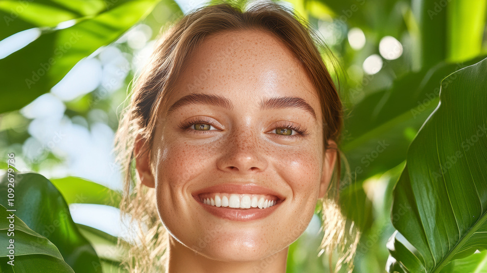 Bright Smile of a Young Woman Surrounded by Lush Green Leaves in a Natural Setting During Daylight Hours