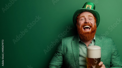 Lively Man in a Green Suit and Leprechaun Hat Enjoys a Beer While Celebrating at a Festive Gathering for St. Patrick\'s Day photo