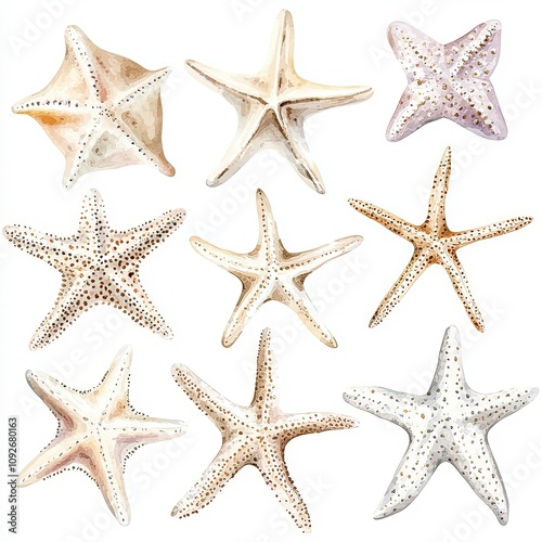 Colorful starfish collection arranged artistically on a white background showcasing diverse shapes and textures