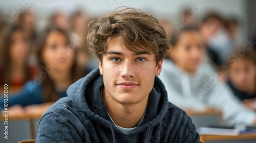 Intelligent-looking young male student, focused and determined, seated in a university classroom setting