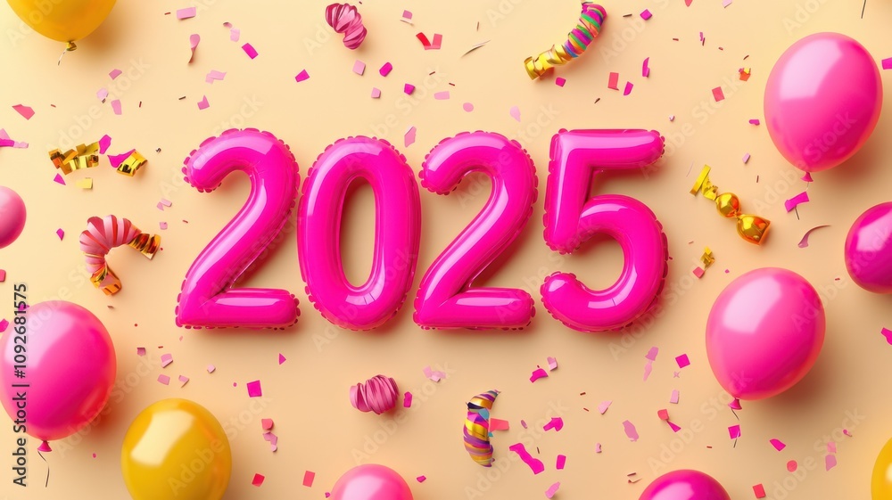 Vibrant pink and yellow 2025 sign surrounded by balloons, confetti, and streamers for a lively and modern New Year's Eve celebration. Christmas, New Year's Eve