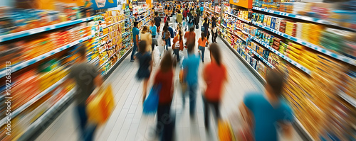 A busy supermarket scene showing blurred shoppers navigating colorful product aisles, conveying a sense of vibrant consumer activity.