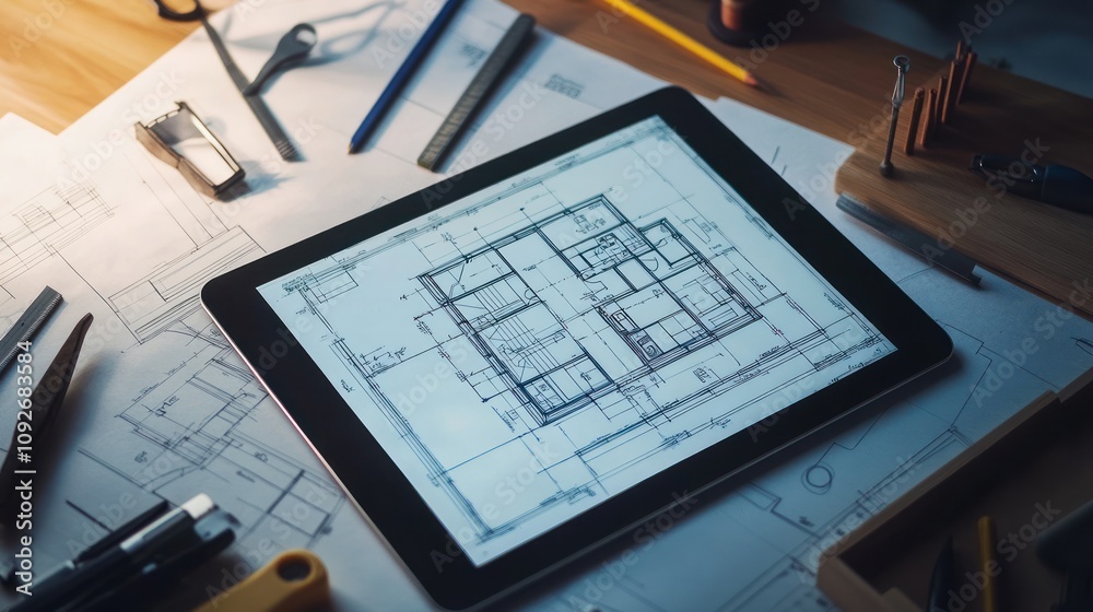 A digital blueprint of a high-tech home appearing on a sleek tablet, surrounded by virtual tools 