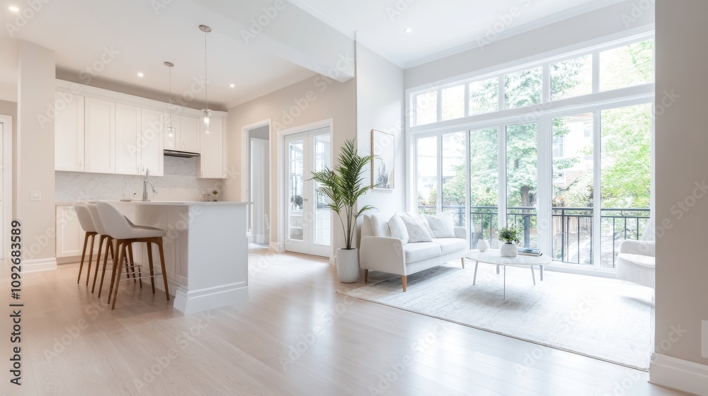 Fototapeta premium Bright and Modern Open Concept Living Room with Kitchen Area Featuring Natural Light, Contemporary Furniture, and Elegant Decor in a Cozy Home Setting