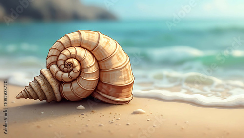 A spiral seashell resting on wet sand, viewed from a close-up perspective, with the sea in the background.