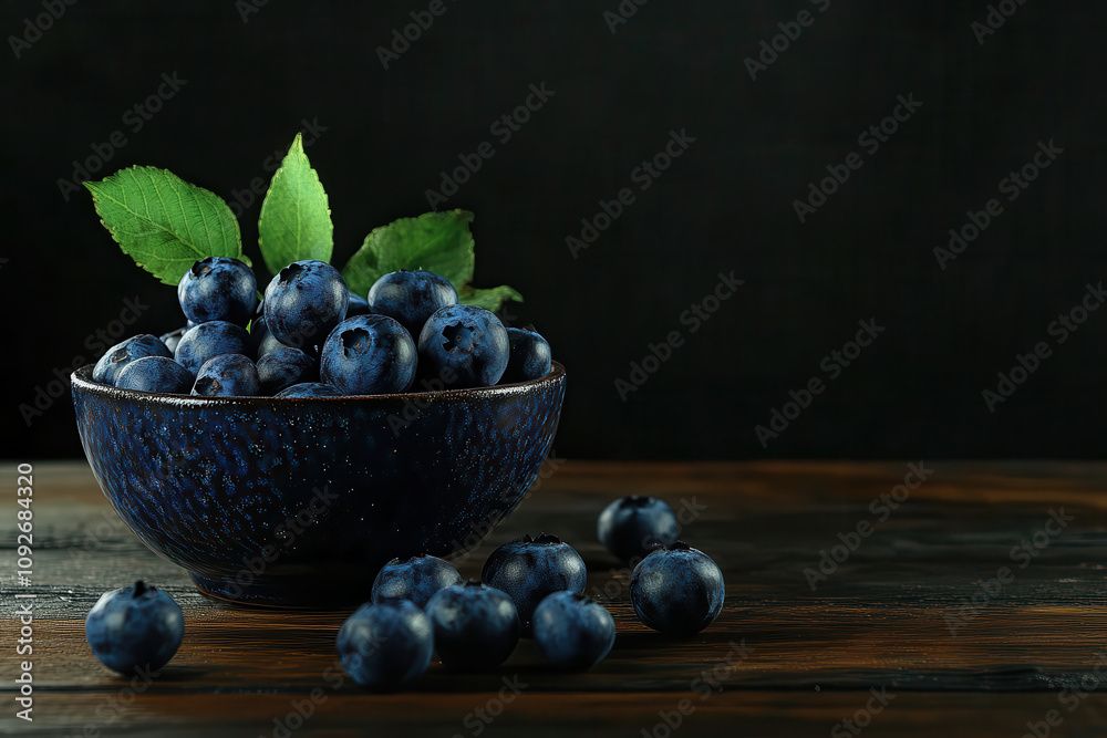 A bowl of fresh blueberries with leaves on a wooden surface. A bowl of fresh blueberries with leaves on a wooden surface.
