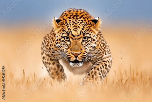 A leopard stalking its prey in the tall grass, its body low and eyes fixed with intensity