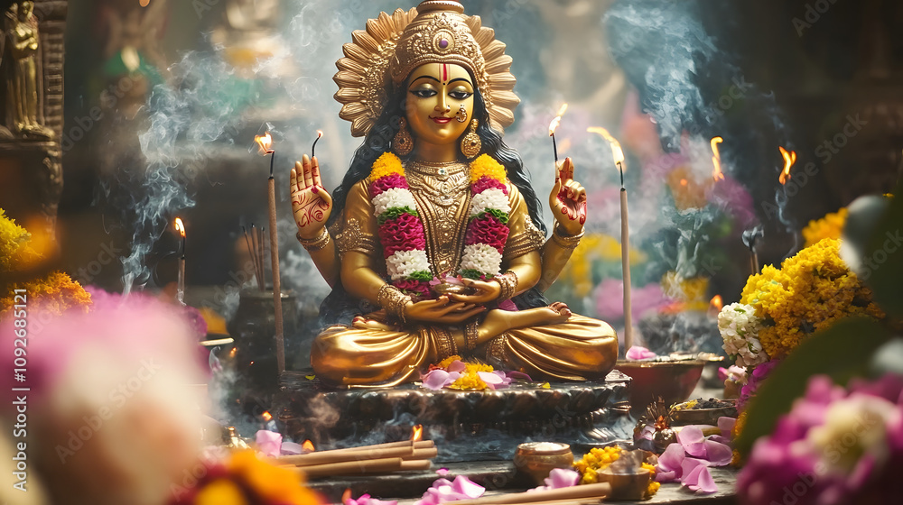 Fototapeta premium Goddess Lakshmi idol surrounded by colorful flowers and incense sticks