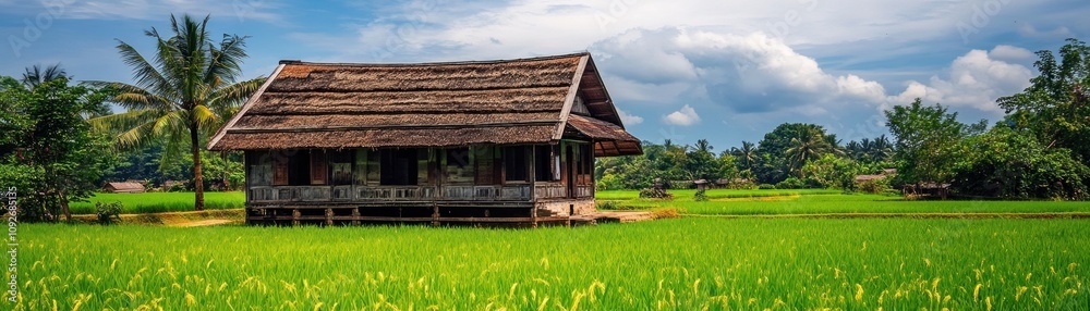 A rustic wooden house surrounded by lush green rice fields under a blue sky. A rustic wooden house surrounded by lush green rice fields under a blue sky.