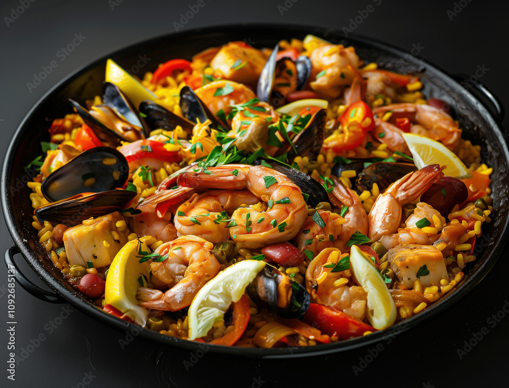 Vibrant close up of Spanish seafood paella in a cast iron pan