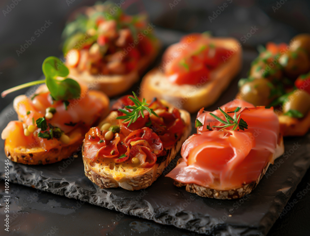 Spanish tapas flat lay on a black background, Mediterranean food photo Spanish tapas flat lay on a black background, Mediterranean food photo