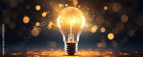 Bright light bulb emitting sparks in a dark setting, symbolizing ideas and energy creation
