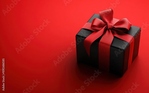 Elegant black gift box with striking red ribbon on red background