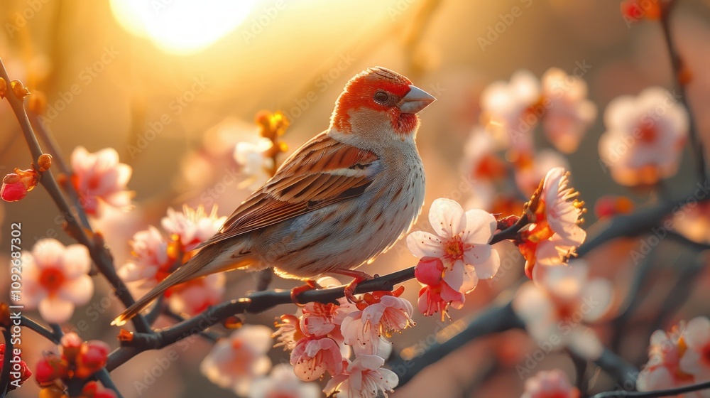 Bird perched on cherry blossom branch at sunset nature photography serene atmosphere Bird perched on cherry blossom branch at sunset nature photography serene atmosphere