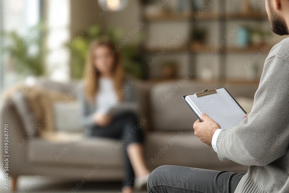 Psychologist or psychotherapist having session with her patient and writing notes, assessing patient's health and giving diagnosis. Psychotherapy session with woman. Psychologist or psychotherapist having session with her patient and writing notes, assessing patient's health and giving diagnosis. Psychotherapy session with woman.