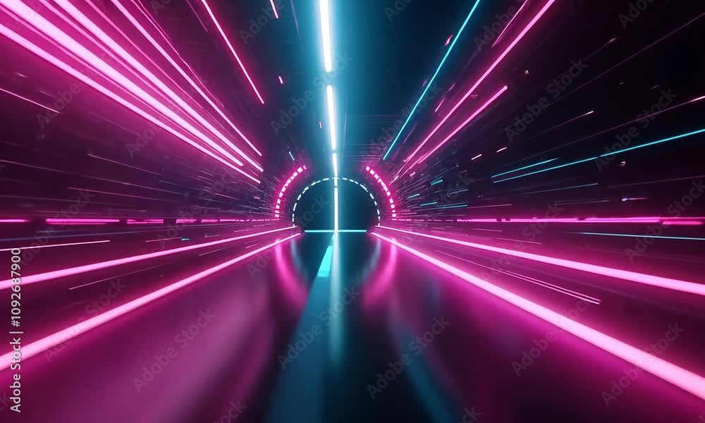 A vibrant, futuristic tunnel illuminated by pink and blue neon lights ...