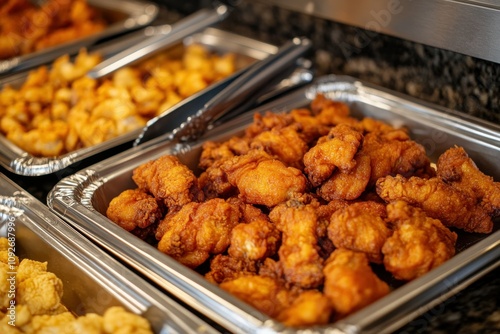 A close-up shot of fried chicken in metal platters at the Hawaiian-style buffet in the break room