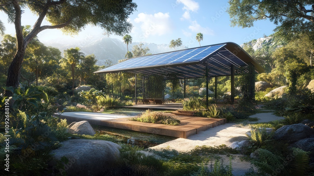 A modern pavilion with solar panels nestled in a lush, serene landscape.