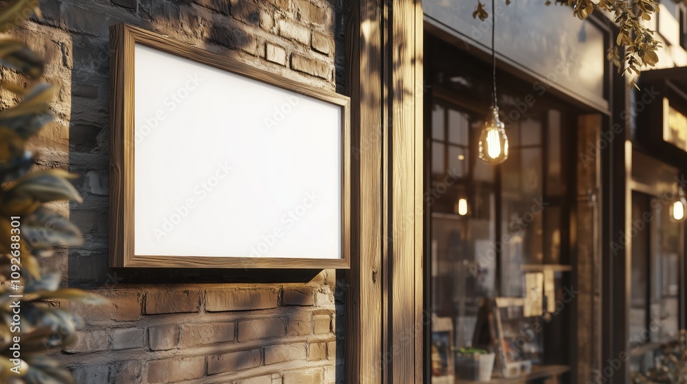 Blank outdoor signage mockup on brick wall with warm lighting in urban setting Blank outdoor signage mockup on brick wall with warm lighting in urban setting