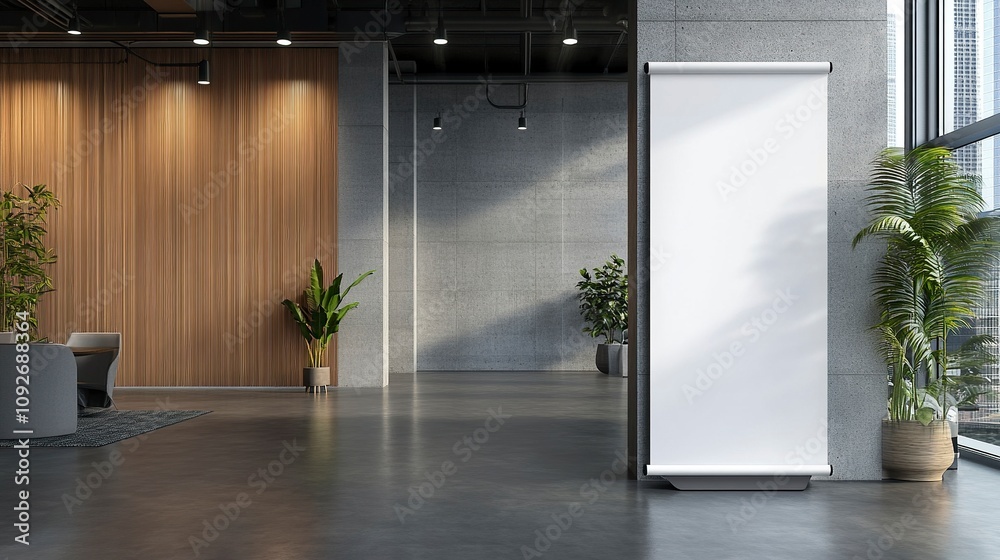 Mockup of Roll-up Standee Banner in Office Hall. Mockup of Roll-up Standee Banner in Office Hall.