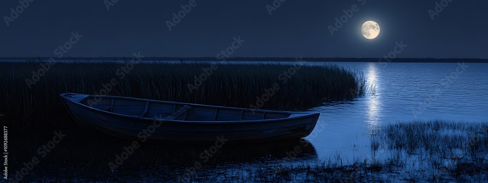Obraz premium On the moonlight, there is an empty boat on a calm lake surrounded by reeds and grassland