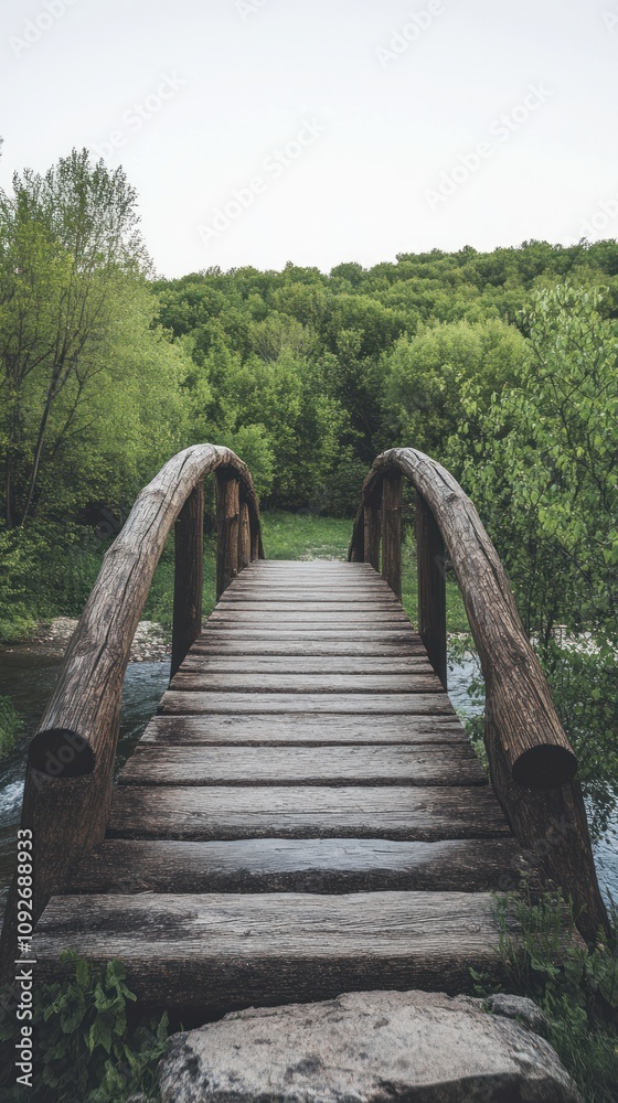 A wooden bridge over a stream surrounded by lush greenery. A wooden bridge over a stream surrounded by lush greenery.