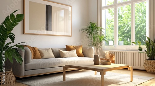 A modern and minimalist living room with clean lines and a neutral color palette. The room is accented with small green plants and a few carefully placed decorative objects.