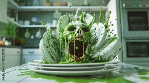 A horror-themed depiction of bacteria overtaking a stack of unwashed dishes, creating a creepy and dramatic atmosphere. photo