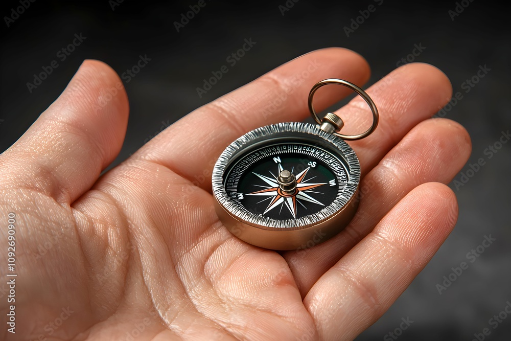 Compass held in hand reveals direction and style in travel