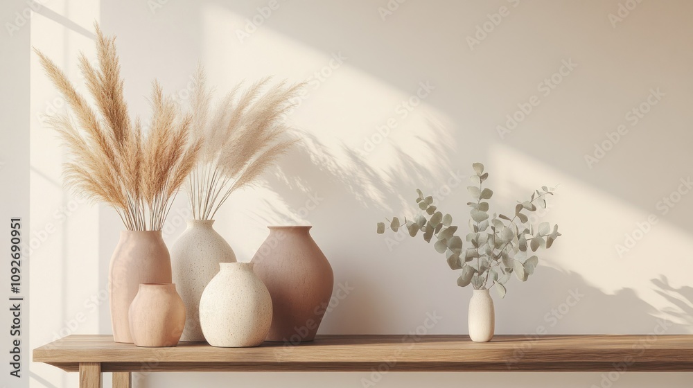 A collection of ceramic vases in varying sizes and earth tones A collection of ceramic vases in varying sizes and earth tones