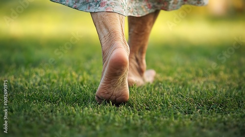 bare feet of an elderly person walk on the green grass, close up view form behind