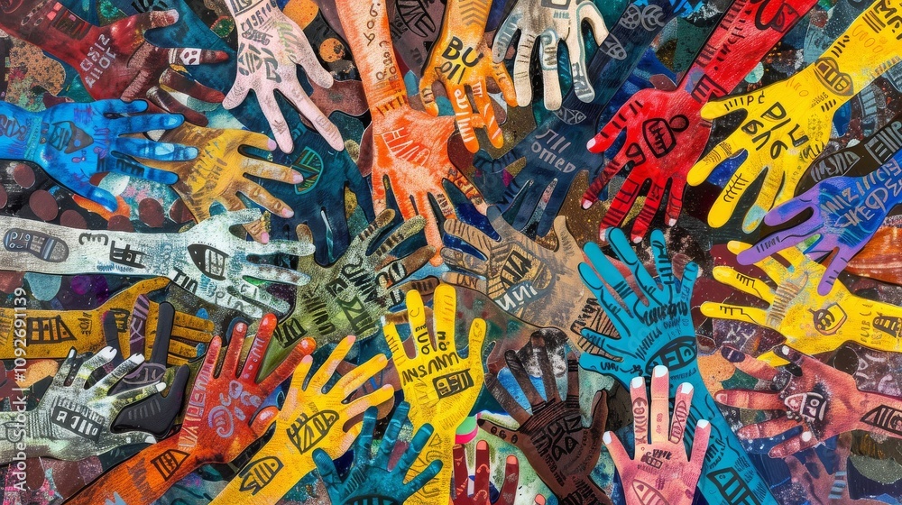 Fototapeta premium A mosaic of hands holding symbols of DIVERSITY EQUITY and INCLUSION forming a vibrant tapestry of solidarity and strength, Each hand carries a unique message