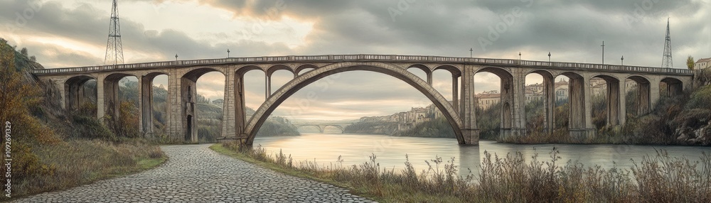 Obraz premium A panoramic view of a large arched bridge over a calm river, surrounded by autumn foliage.