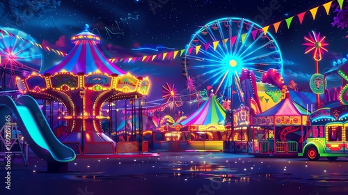A digital illustration of a carnival at night, with bright neon lights and a starry sky.