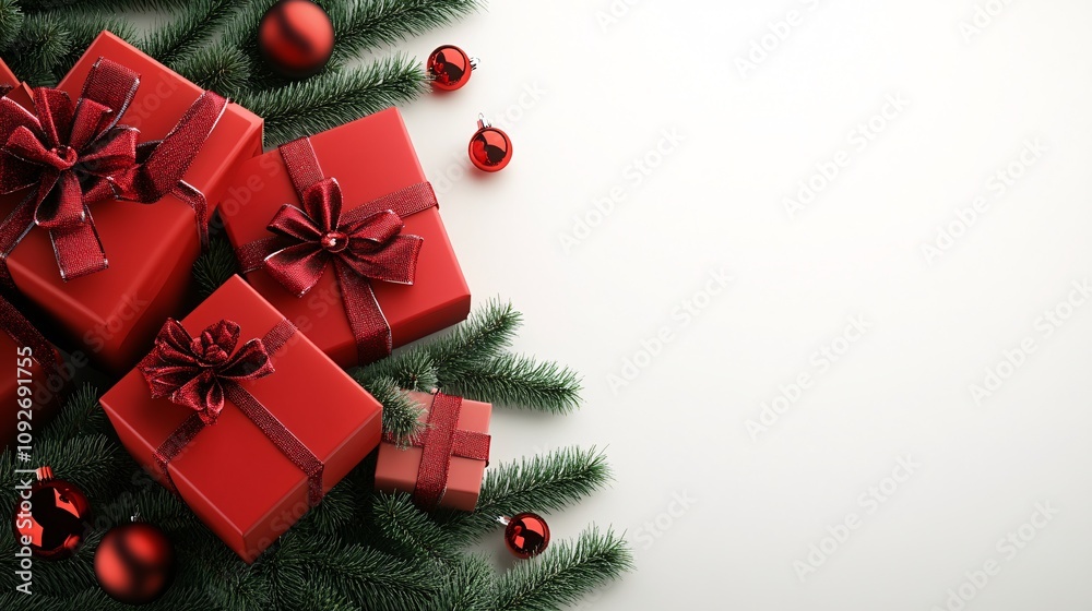 Festive Christmas Gifts Stack with Ribbons and Baubles on White Surface Surrounded by Pine Branches - 3D Render Festive Christmas Gifts Stack with Ribbons and Baubles on White Surface Surrounded by Pine Branches - 3D Render