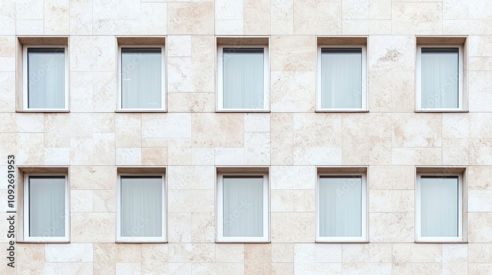 Fototapeta premium A minimalist building facade featuring a series of identical windows, creating a uniform and clean architectural appearance.