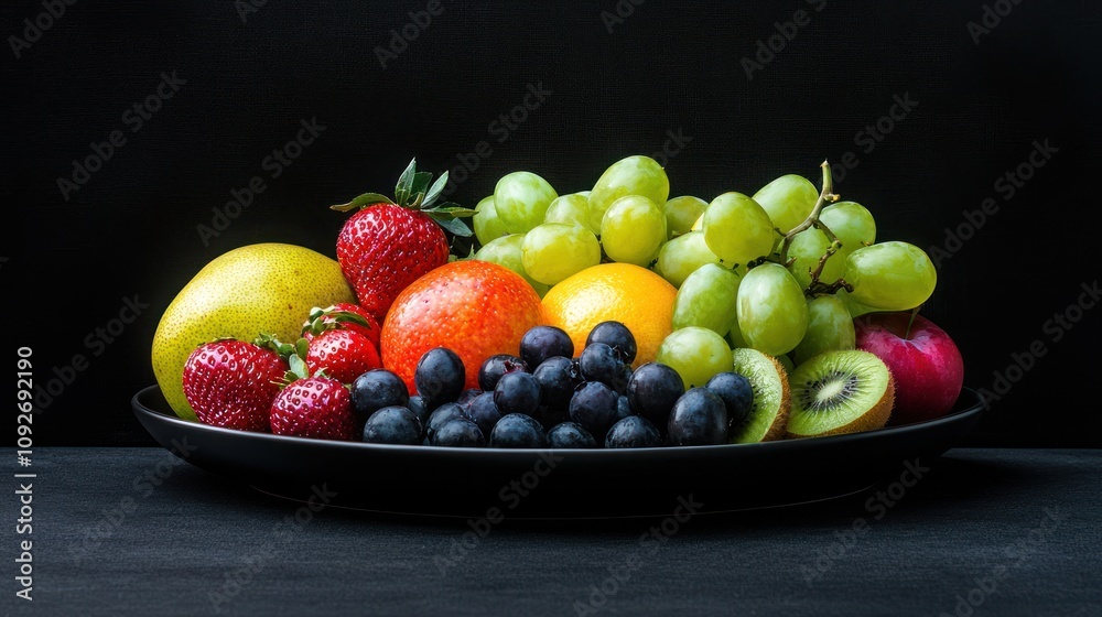 A vibrant assortment of fresh fruits, including grapes, strawberries, oranges, and kiwis, arranged beautifully on a black plate against a dark background. A vibrant assortment of fresh fruits, including grapes, strawberries, oranges, and kiwis, arranged beautifully on a black plate against a dark background.