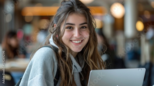 Intelligent-looking young woman, beautiful and confident, sitting in a university classroom, eager for success