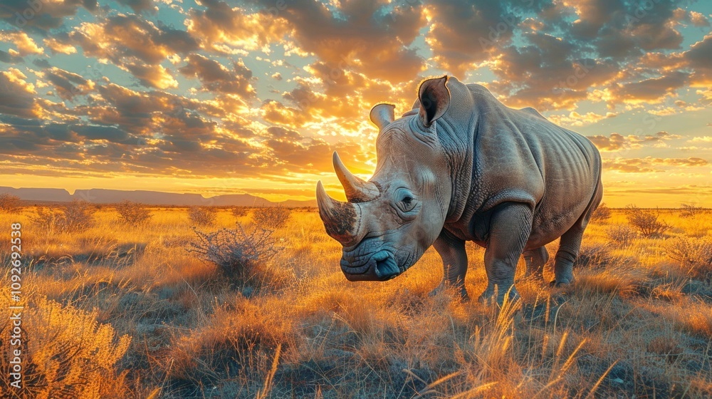 Fototapeta premium Rhino grazing at sunset african savanna wildlife photography natural habitat close-up
