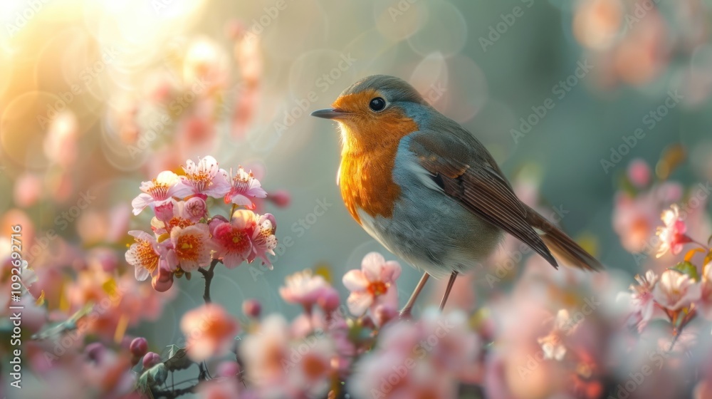 Colorful bird amidst blooming flowers nature scene springtime close-up photography Colorful bird amidst blooming flowers nature scene springtime close-up photography