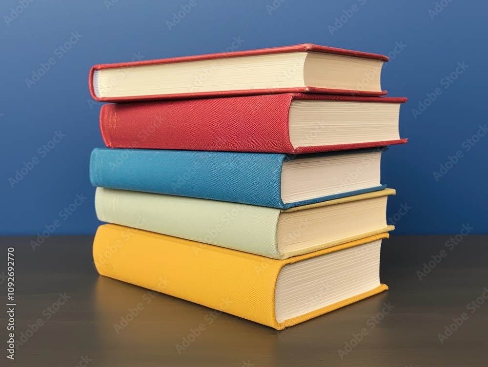 A stack of colorful hardcover books sits on a wooden surface against a blue background, showcasing a variety of textures and hues. A stack of colorful hardcover books sits on a wooden surface against a blue background, showcasing a variety of textures and hues.