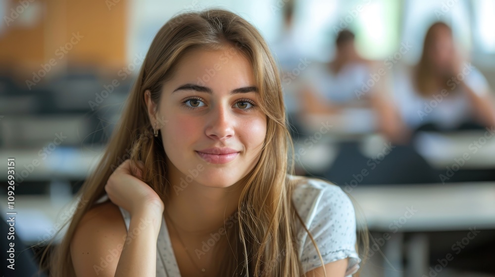 Intelligent-looking young woman, beautiful and confident, sitting in a university classroom, eager for success Intelligent-looking young woman, beautiful and confident, sitting in a university classroom, eager for success