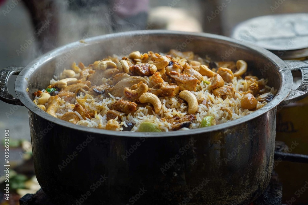 Chicken Biriyani in Giant Aluminum Pot with Cashews and Dry Fruits Chicken Biriyani in Giant Aluminum Pot with Cashews and Dry Fruits