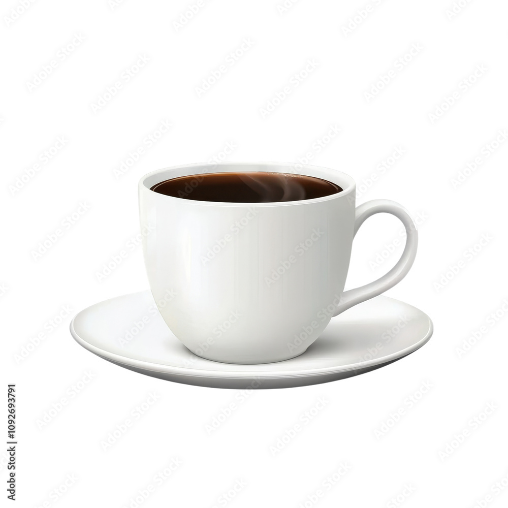 A simple white coffee cup filled with dark coffee, placed on a matching saucer. A simple white coffee cup filled with dark coffee, placed on a matching saucer.
