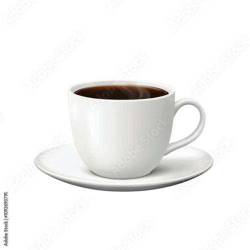 A simple white coffee cup filled with dark coffee, placed on a matching saucer.