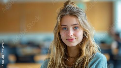 Intelligent-looking young woman, beautiful and confident, sitting in a university classroom, eager for success