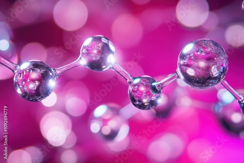 ultra close up view of a huge drop of crystal clear magic pink liquid photo